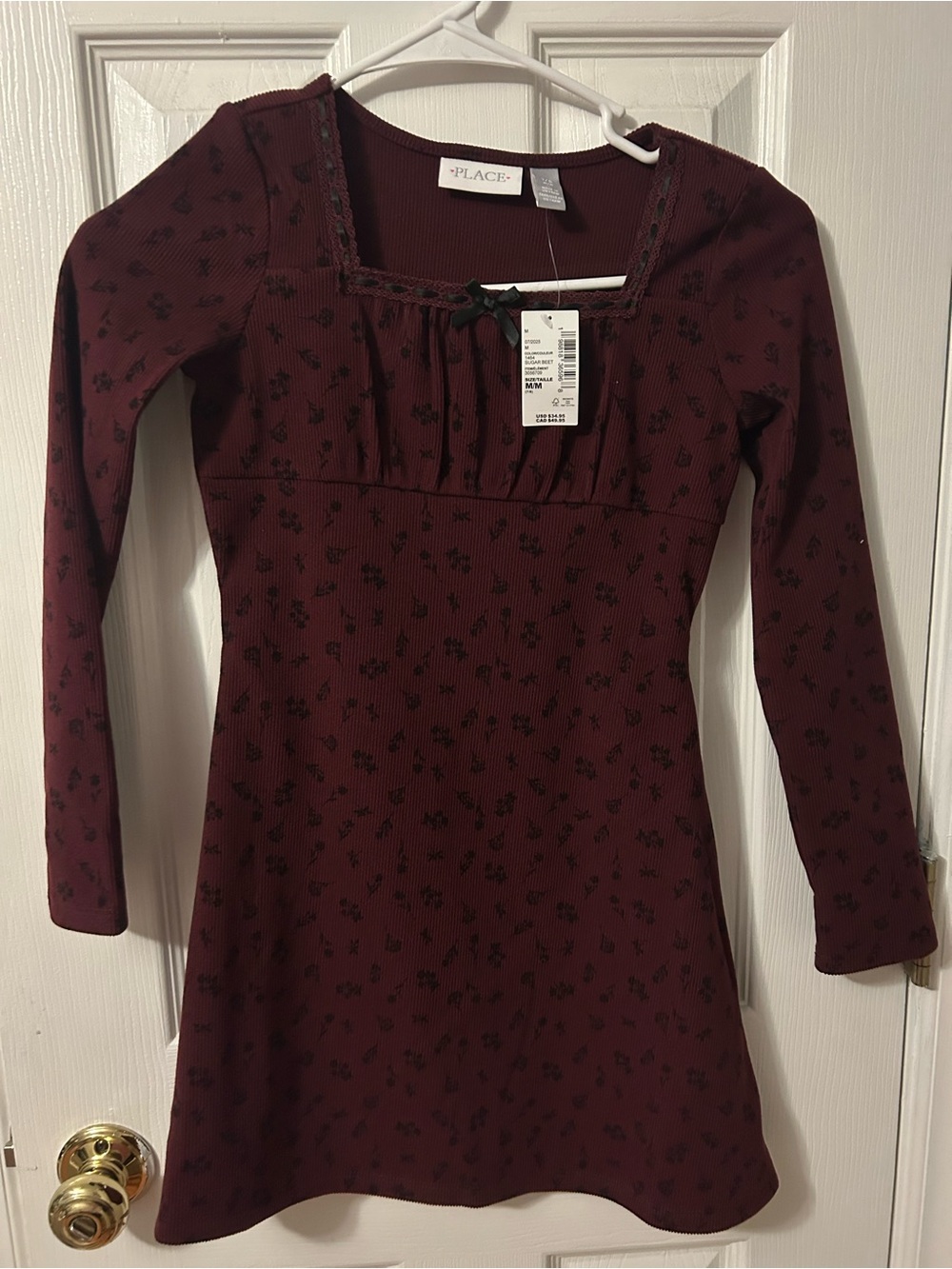 Place Burgundy Long Sleeve Floral Knit Dress